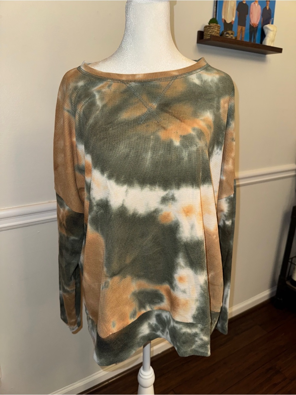Rosebell Tie Dye Waffle Knit Top Olive Tan Long Sleeve Oversized